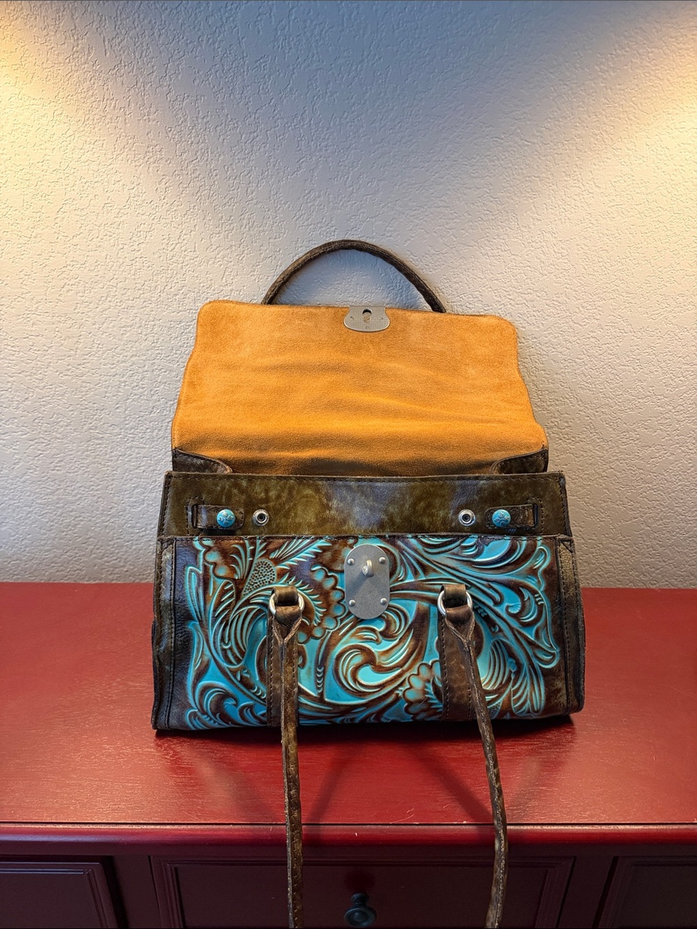 Patricia Nash Turquoise and Brown Tooled Floral Leather Satchel - Picture 2 of 10